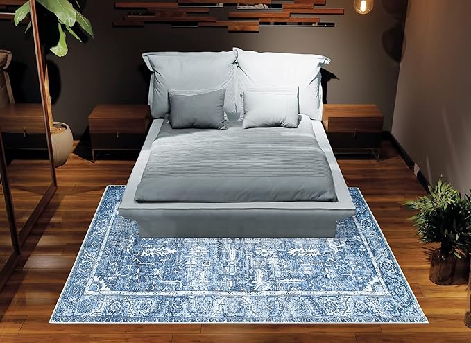 Bloom Rugs Washable Non-Slip 5' x 7' Rug - Blue Traditional Area Rug for Living Room, Bedroom, Dining Room, and Kitchen - Exact Size: 5' x 7'