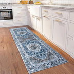 KOZYFLY Runners for Hallways 2x6 Ft Washable Kitchen Runner Rug Boho Runner Rug for Entryway Indoor Blue Printed Oriental Faux Wool Floor Carpet Runner for Bedroom Kitchen Hall