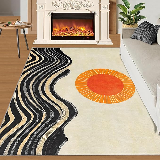 Boho Sun Area Rugs 6x8ft, Watercolor Mountain Living Room Area Rug, Abstraction Deco Play Rug with Carpet Tape Double Sided for Bedroom Office Home Decor