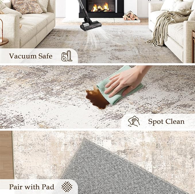 8x10 Washable Area Rug Beige Grey Abstract Living Room Bedroom Carpet Neutral Modern Non Slip Soft Medium Pile Indoor Large Throw Rug for Dining Room Office