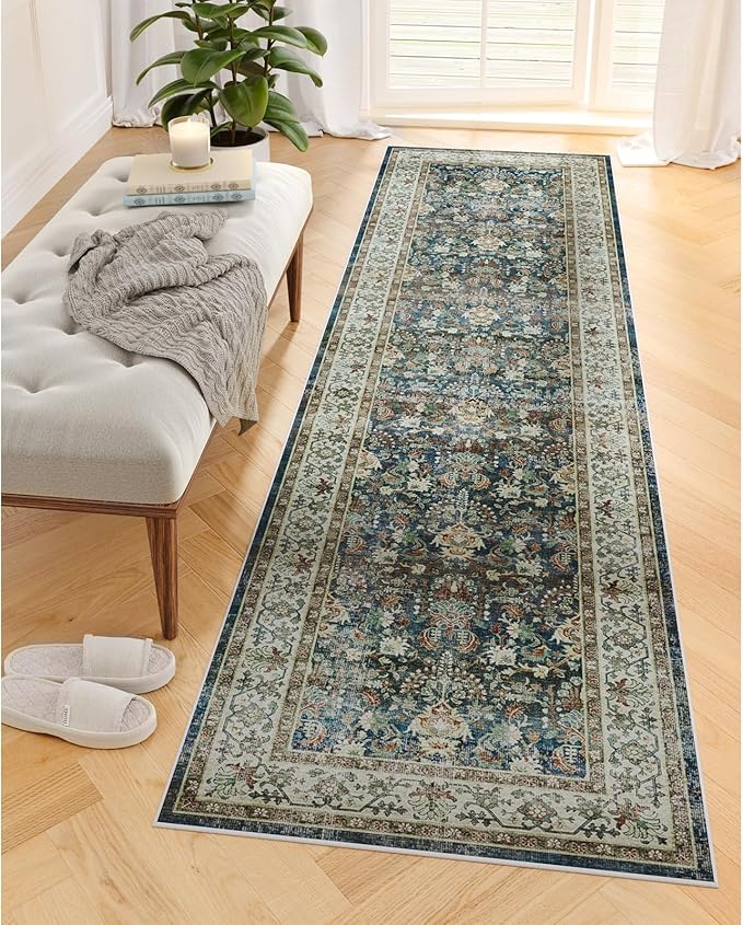 Dripex Runner Rug-2x8 Washable Distressed Hallway Runner Oriental Medallion Carpet Runner Non-Slip Stain-Resistant Kitchen Mat Foldable Thin Accent Rug for Entrance Living Room Bedroom