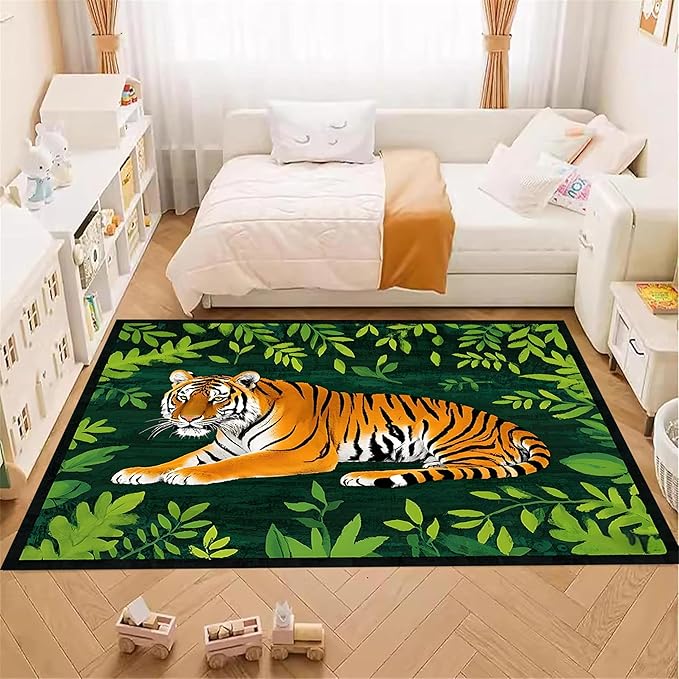 Tiger Rugs，3x5ft,Tiger and Green Leaf Print Rug for Living Room，A Colorful and Artistic Tiger Rug, Perfect for A Children's Play Area，Machine Washable Non-Slip Carpet Suitable for Bedroom and Study