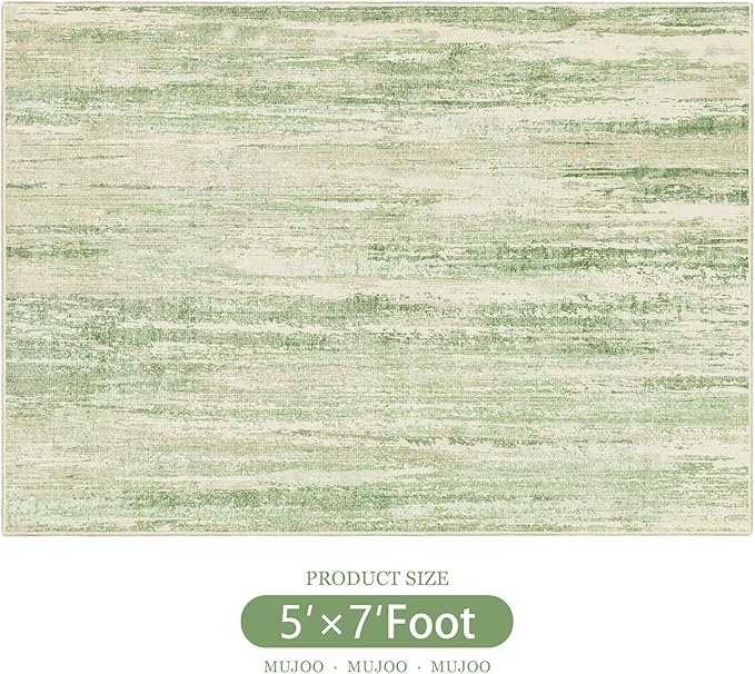 MUJOO 5x7 Washable Area Rug,Modern Abstract Rugs for Living Room Bedroom Dining Room,Large Non Slip Carpet Indoor,Low Pile Throw Rug Accent Neutral Green