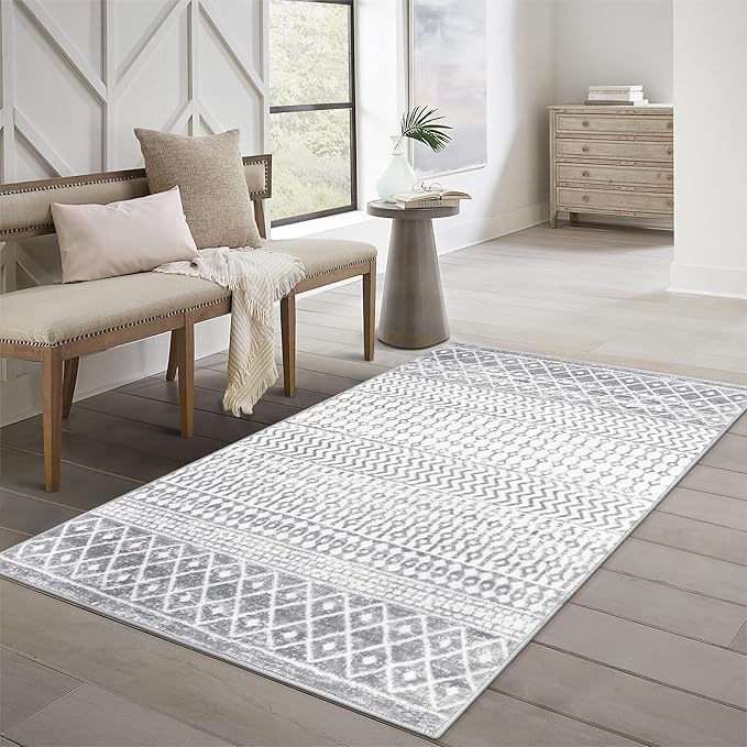 Moroccan Grey 4x6 Rug, Washable Boho Distressed Living Room Rug Non-Slip Large Rug, Faux Wool Low-Pile Indoor Floor Carpet Accent Rugs for Kitchen Bedroom Office Dining Table