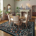 Lahome Floral 8x10 Black Rugs for Living Room, Soft Washable Large Area Rug for Bedroom Dining Room, Botanical Lightweight Stain-Resistant Boho Carpet for Guestroom Indoor