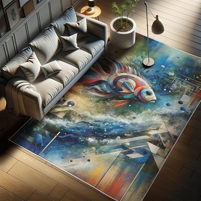 Ambesonne Modern Art Decorative Rug, Abstract Design of Color Jumble with Geometric Leafy Ornaments and Fish, Quality Carpet for Bedroom Dorm and Living Room, 2' 5" x 5', Sea Blue Multicolor