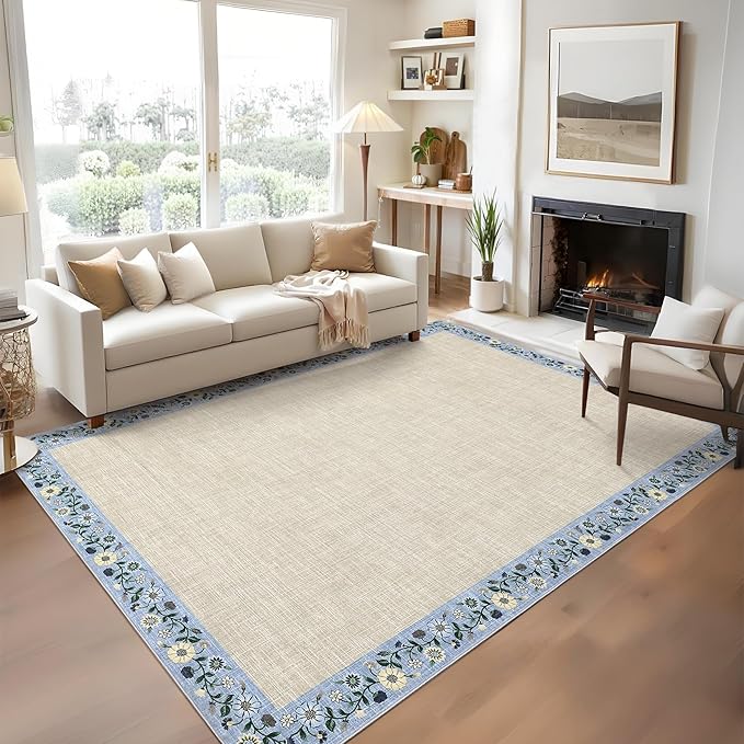GarveeHome Washable Living Room Rug 9x12 Floral Bordered Area Rugs Soft Thin Indoor Carpet for Bedroom Modern Throw Aesthetic Mat Non Slip Stain Resistant Carpet for Dining Room Office, Beige