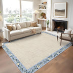 GarveeHome Washable Living Room Rug 9x12 Floral Bordered Area Rugs Soft Thin Indoor Carpet for Bedroom Modern Throw Aesthetic Mat Non Slip Stain Resistant Carpet for Dining Room Office, Beige