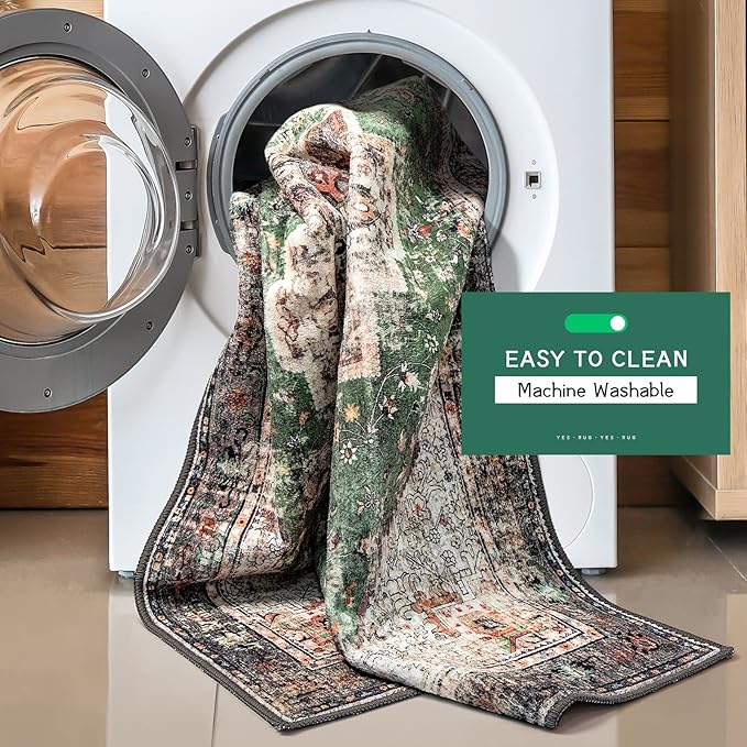 2x3 Small Rugs for Entryway, Green Boho Area Rug for Bathroom Throw Hallway Vintage Kitchen Rugs Non Slip Washable, Indoor Entrance Floor Carpet