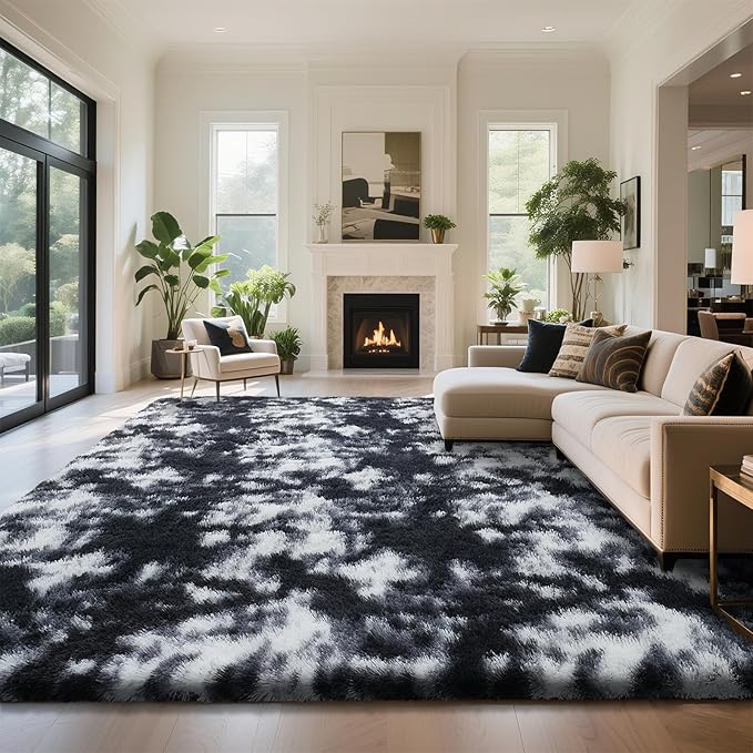 Fluffy Rug Shaggy Area Rug, Mottling Black 9x12 Area Rugs for Living Room, Large Shag Area Rugs for Bedroom Kids Room Home Decor, Upgrade Anti-Skid Rectangular Fuzzy Rugs