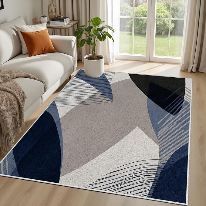 Abstract Art Line Living Room Area Rugs 5x6, Modern Boho Geometric Print Soft Rug, Minimalist Washable Non Slip Neutral Carpet for Bedroom, Dining Room Office Playroom, Navy Blue Gray
