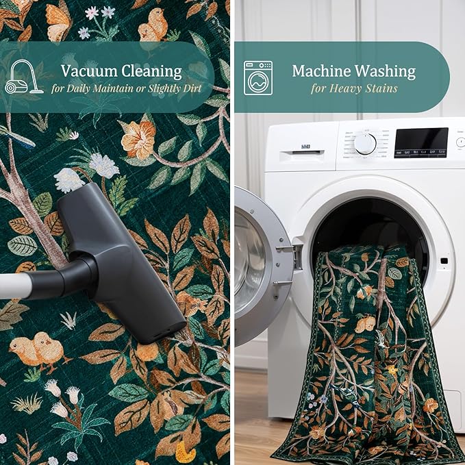 Morebes Boho Floral 2x6 Kitchen Runner Rug, Washable Rug Runners for Hallways Non Slip, Soft Botanical Flower Indoor Floor Carpet Runners for Bathroom Entryway Laundry Room, Dark Green