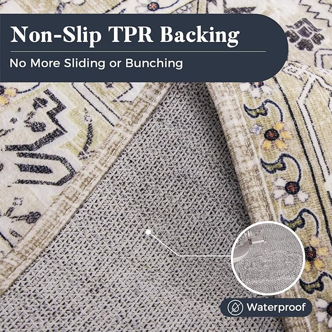 PURRUGS Vintage Farmhouse Boho Runner Rug 2'6" x 6', Non-Slip Machine Washable Rug, Accent Area Rug for Kitchen, Hallway, Entryway, Bedroom, Living Room and Dining Room, Taupe/Vanilla