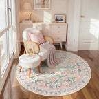 Wonnitar Pink Floral Round Rugs 5ft, Soft Circle Rug Non Slip Washable Round Carpet, Boho Non-Shedding Flower Distressed Circle Carpets for Bedroom Girls Room Nursery