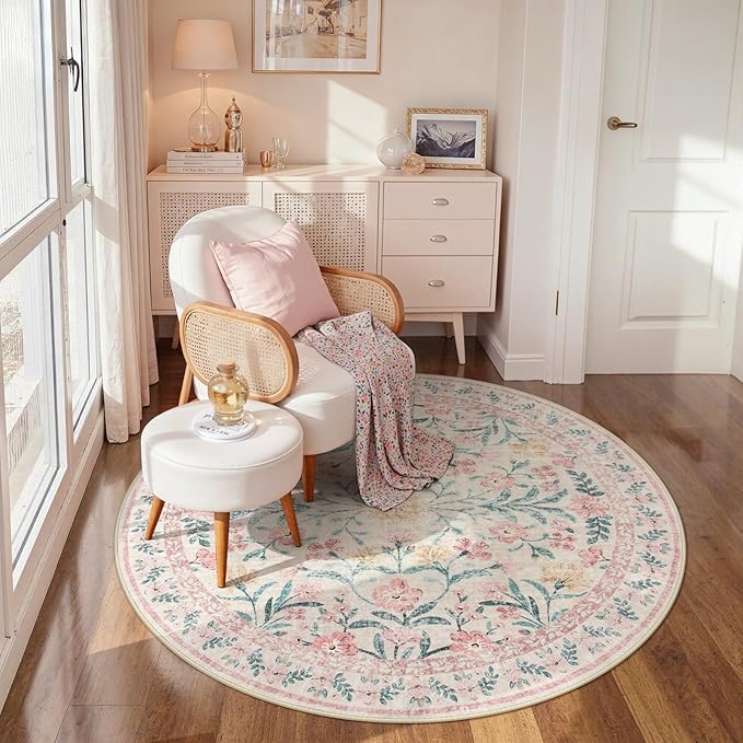 Wonnitar Pink Floral Round Rugs 5ft, Soft Circle Rug Non Slip Washable Round Carpet, Boho Non-Shedding Flower Distressed Circle Carpets for Bedroom Girls Room Nursery