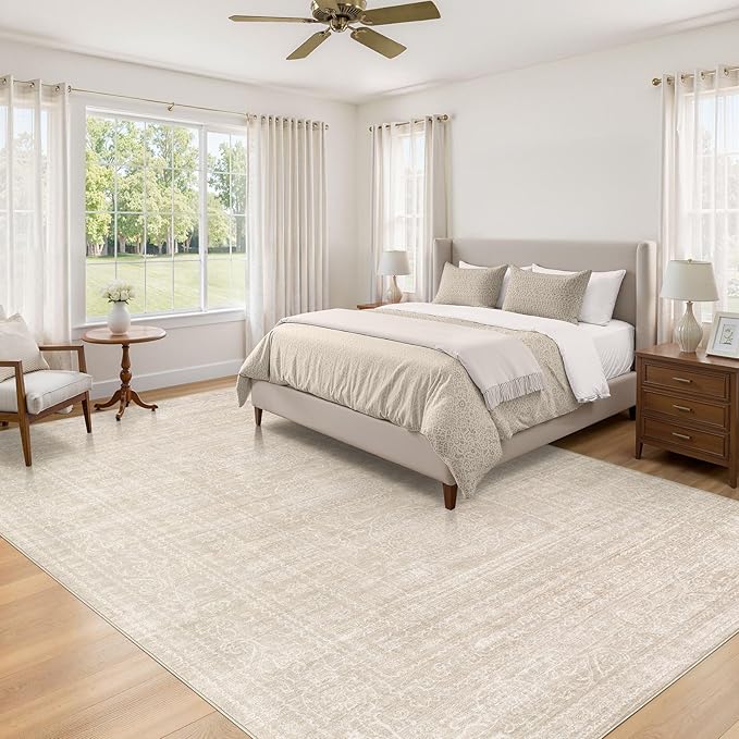 6x9 Area Rugs Living Room: Washable Large Vintage Beige Rug Neutral Non-Slip Soft Stain Resistant Indoor Carpet for Bedroom Nursery Dining Room Under Table Bed Home House Office Playroom