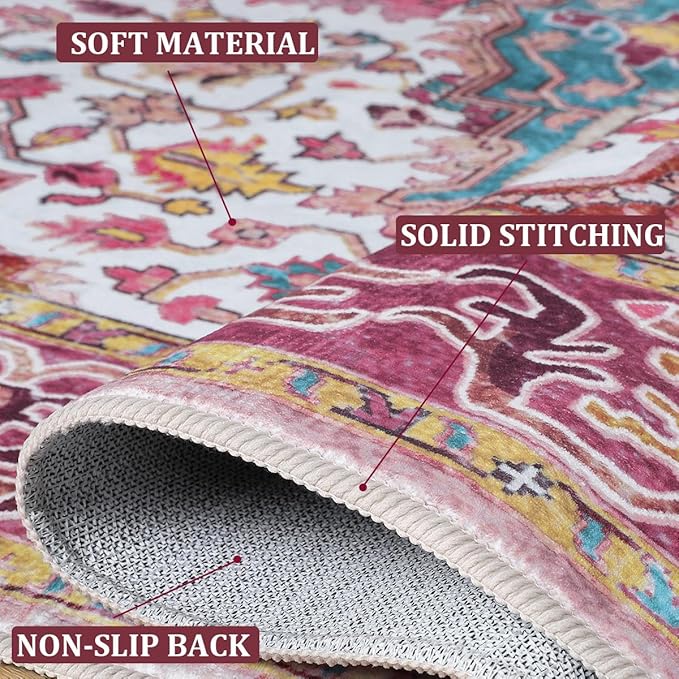 Beglad Large Vintage Area Rugs 6x9 for Living Room, Machine Washable Rugs - Low Pile Carptet, Soft Distressed Floral Rugs for Kitchen, Dining Room, Bedroom, Plum