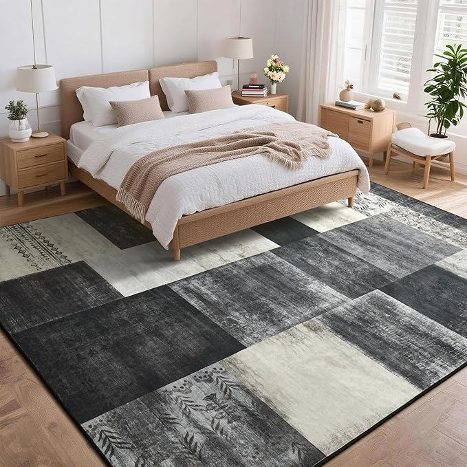 Tepook Modern Area Rug for Living Room, 4x6 Geometric Large Rugs for Bedroom, Washable Patchwork Rug Indoor Non-Slip Throw Carpets for Dining Room Office Farmhouse Home Decor, Black and White