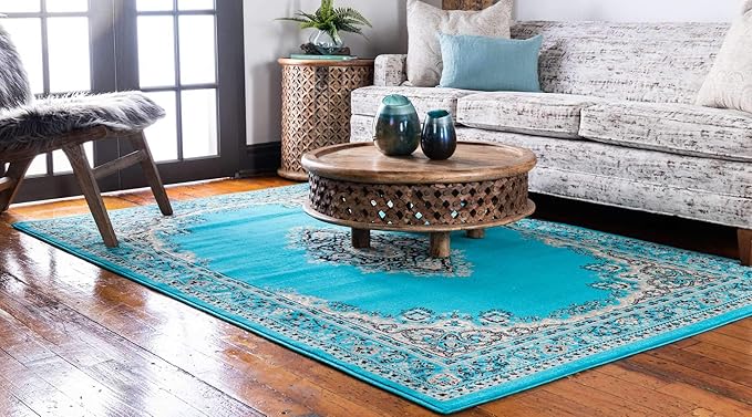 Unique Loom Reza Collection Traditional Persian Style Area Rug, 4 x 6 ft, Turquoise/Ivory
