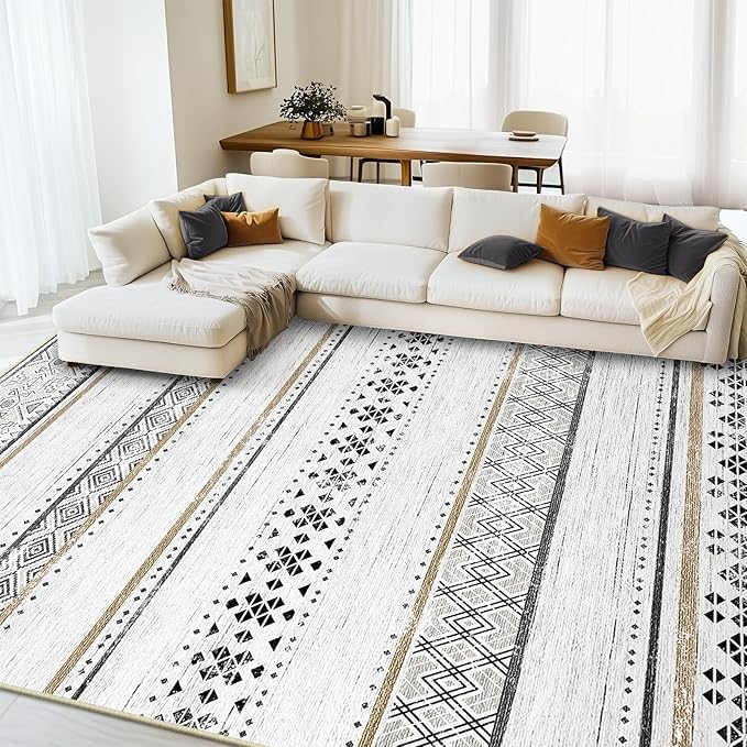 BESTSWEETIE 8x10 Area Rugs for Living Room Washable Moroccan Farmhouse Neutral Geometric Low Pile Non-Slip Soft Print Pattern Rug for Bedroom Kitchen Dining Room Entryway Black/Brown