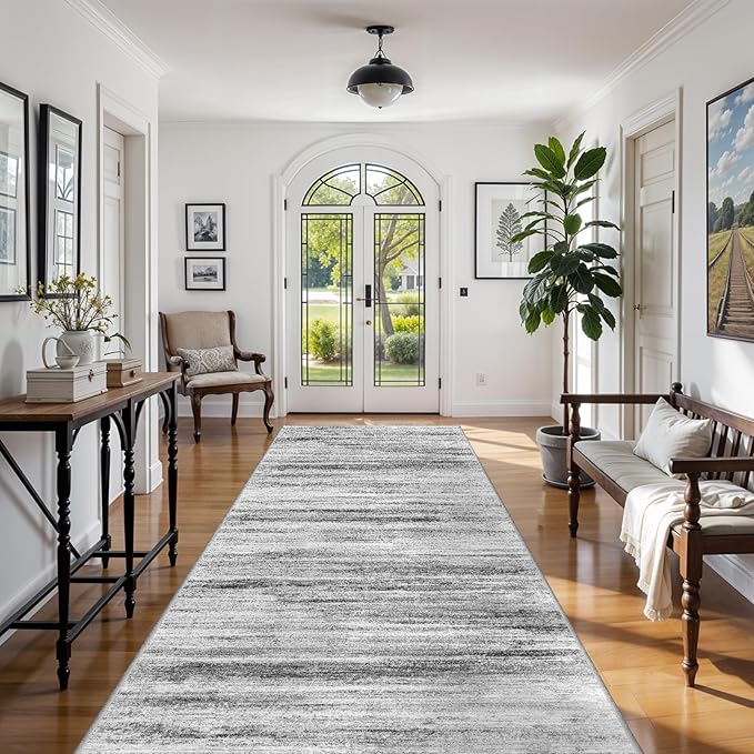 Large Runner Rugs for Hallway 4x20: Non-Slip Washable Wide Carpet - Soft Low-Pile Stain and Spill Resistant Rug for Entryway Living Room Dining Room Balcony Garage Office Grey