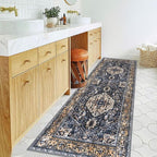 KOZYFLY Runners for Hallways 2.6x8 Ft Washable Kitchen Runner Rug Boho Runner Rug for Entryway Indoor Gold Navy Printed Oriental Faux Wool Floor Carpet Runner for Bedroom Kitchen Hall