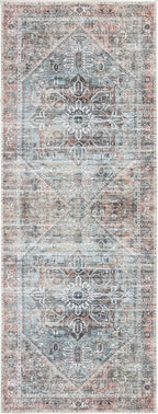 Bloom Rugs Washable Non-Slip 10 ft Runner - Light Pink/Light Blue Traditional Medallion Runner for Entryway, Hallway, Bathroom, and Kitchen - Exact Size: 2.5' x 10'