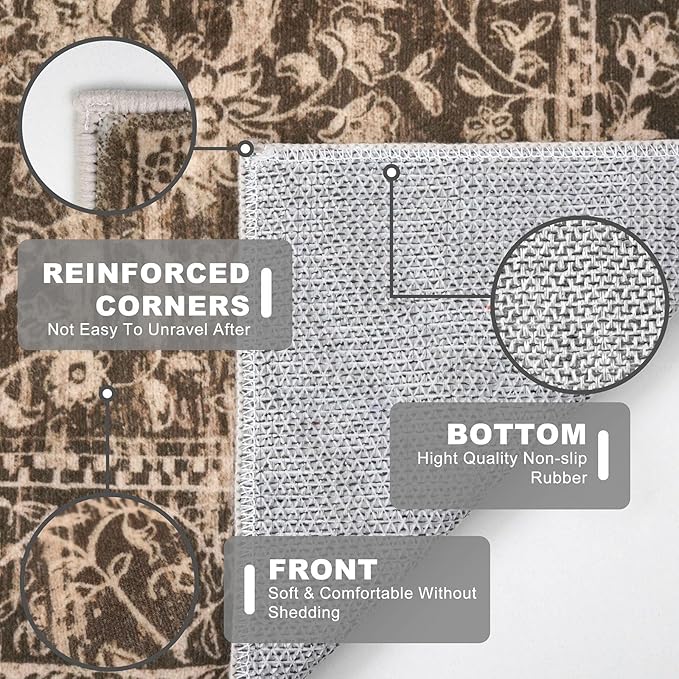 KILOCOCO Hallway Runner 2x6 Rug Runner Printed Floral Washable Kitchen Runners Non-Slip Rubber Backed Runners for Hallways Laundry Room Distressed Boho Rugs for Entryway Bedroom, Rust Brown Red