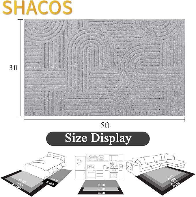 SHACOS Soft Cozy Fluffy Arch Pattern High Low Pile Rugs 3'x5' Non Slip Washable Scandinavian Minimalist Rug Modern Geometric Arc Carpet for Living Room Bedroom Dining Room, Light Grey
