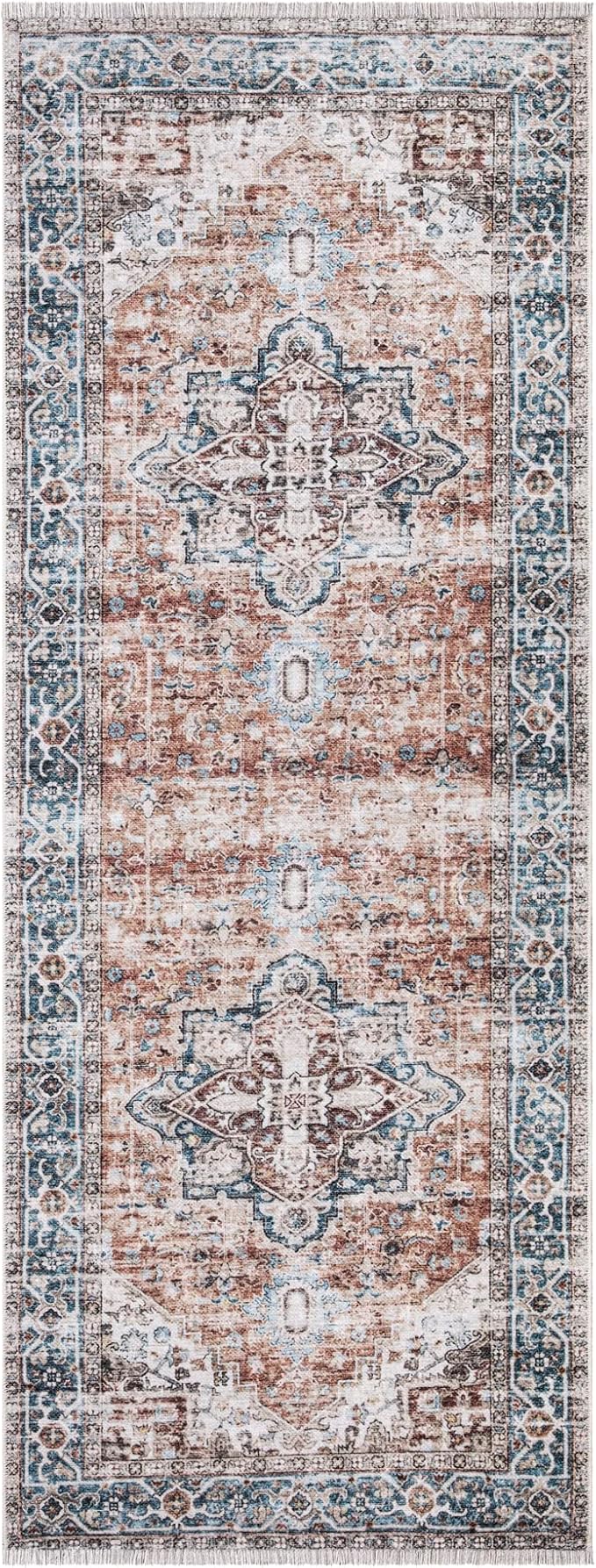 Bloom Rugs Caria Washable Non-Slip 7 ft Runner - Terracotta/Blue Traditional Runner for Entryway, Hallway, Bathroom, and Kitchen - Exact Size: 2'6" x 7'