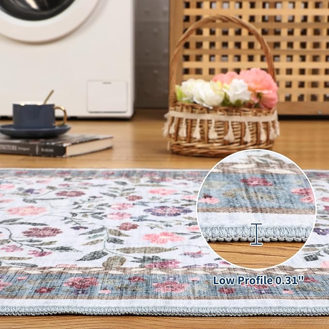 Floral Washable Rug 4x6, Non-Slip Low Pile Botanical Carpet, Vintage Farmhouse Area Rug for Bedroom Nursery Kids Room Home Decor, Light Blue