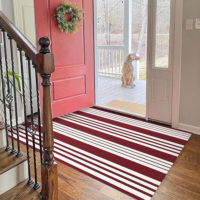 KOZYFLY Striped Outdoor Rug 3x5 Ft Red and White Christmas Front Door Rug Woven Area Rug Washable Doormats Indoor Entrance Mat for Kitchen Entryway Patio Front Porch Holiday Decor