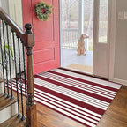 KOZYFLY Striped Outdoor Rug 3x5 Ft Red and White Christmas Front Door Rug Woven Area Rug Washable Doormats Indoor Entrance Mat for Kitchen Entryway Patio Front Porch Holiday Decor