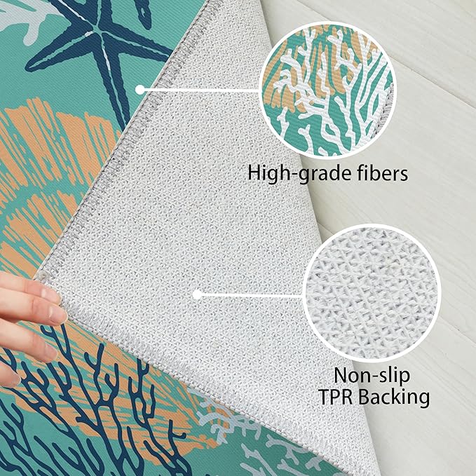 Tritard Coastal Area Rug 2x3 - Small Machine Washable Foldable Throw Rugs Non-Slip Beach Ocean Entryway Doormat Indoor Entrance Carpet for Kitchen Bathroom Laundry Bedroom Living Room, Teal