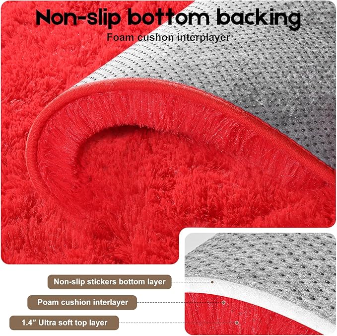 2x3 Red Rug for Bedroom Living Room, Fluffy Small Area Rug Soft Shag Carpet for Kids Boys and Girls Room with 4 Rugs Non-Slip Stickers Dorm Home Decor (2ft x 3ft)