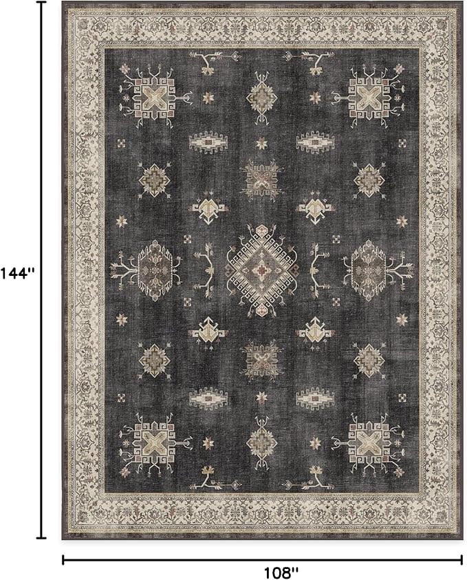 RUGGABLE Washable Vintage Area Rug – Verena Dark Wood 9x12, Stain-Resistant, Non-Slip – Large Machine Washable Rugs for Living Room, Bedroom, Hallway, Entryway & Office–with Standard Pad