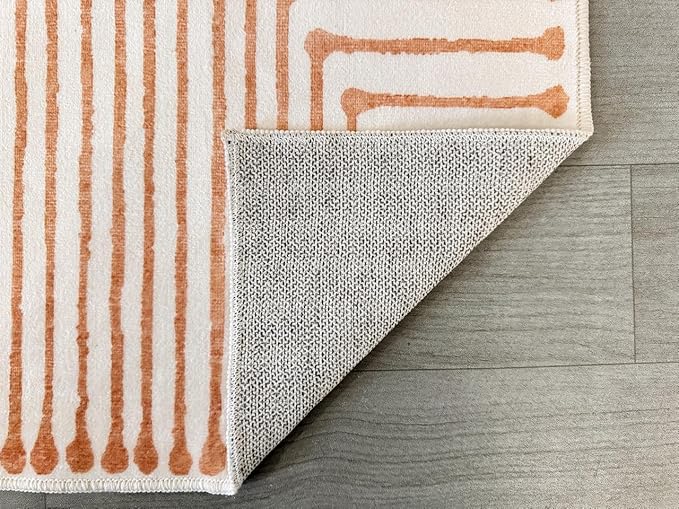 GLN Rugs Contemporary Collection - Machine Washable Area Rug, Contemporary Washable, Non Slip, Low Pile Chenille Rug, Living Room, Bedroom, Kitchen Rug (5'3" Round Orange Beige)