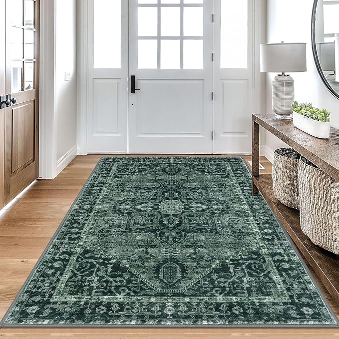 KOZYFLY Area Rug 4x6 Ft Washable Rugs for Entryway Non Slip Faux Wool Printed Throw Rug for Kitchen Bedroom Hallway Living Room Indoor Floor Decoration, Dark Green