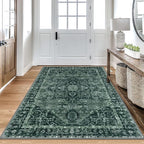 KOZYFLY Area Rug 4x6 Ft Washable Rugs for Entryway Non Slip Faux Wool Printed Throw Rug for Kitchen Bedroom Hallway Living Room Indoor Floor Decoration, Dark Green