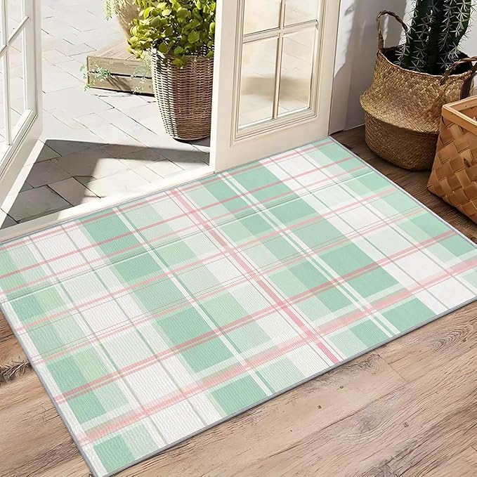 Plaid Rugs for Living Room - 5x6ft - Mint Green Tartan Gingham Rug for Bedroom Non Slip Low Pile Machine Washable Area Rugs, Plaid Carpets House Decor & Gifts