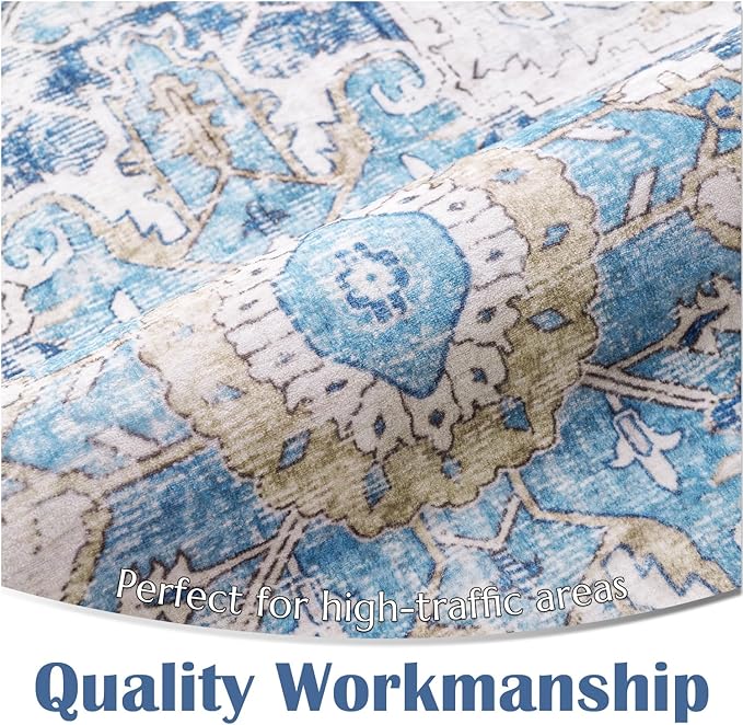 jinchan Kelda Runner Rug 2x5 Washable Rug Soft Hallway Runner Indoor Vintage Print Floor Cover Retro Distressed Lightweight Non-Slip Thin Carpet for Bathroom Kitchen Living Room Bedroom Blue