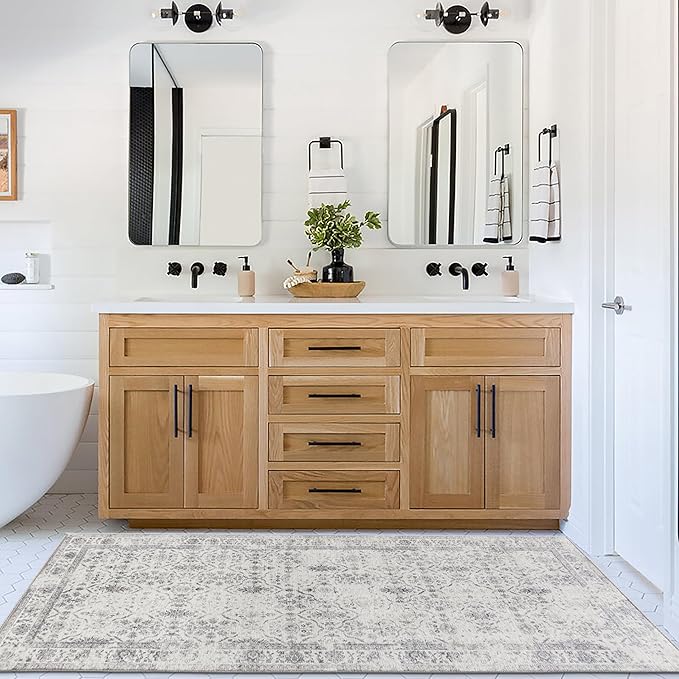 ReaLife Rugs Machine Washable Area Rug Runner - Living Room Bedroom Bathroom Kitchen Entryway Office - Padded Low Pile Stain Resistant Premium - Boho Farmhouse Vintage - Noor - Ivory Grey 2'6" x 6'