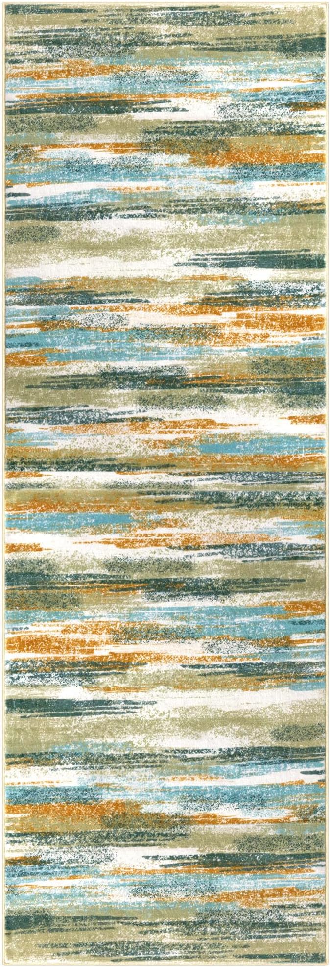Modern Abstract Runner Rug 2.6x10, Green Mustard Multi Washable Long Kitchen Runner Non-Slip Soft Hallway Rug Runner Thin Print Faux Wool Carpet for Entryway Bedroom Laundry Room Indoor