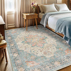 Area Rugs 9'x12' Washable Non-Slip, Floral Vintage Distress Print Pattern Medallion Carpet for Living Room Bedroom Dining Room, Blue Orange Red