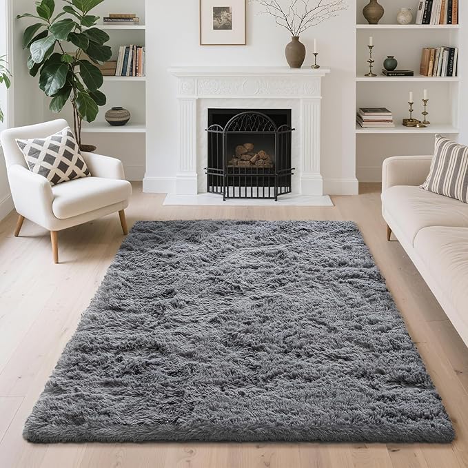 4x6 Area Rugs for Living Room Bedroom, Soft Fluffy Shaggy Bedside Rug, Indoor Floor Carpet for Kids Playroom, Dorms, Nursery Rooms, Home Decor (Grey 4'x6')