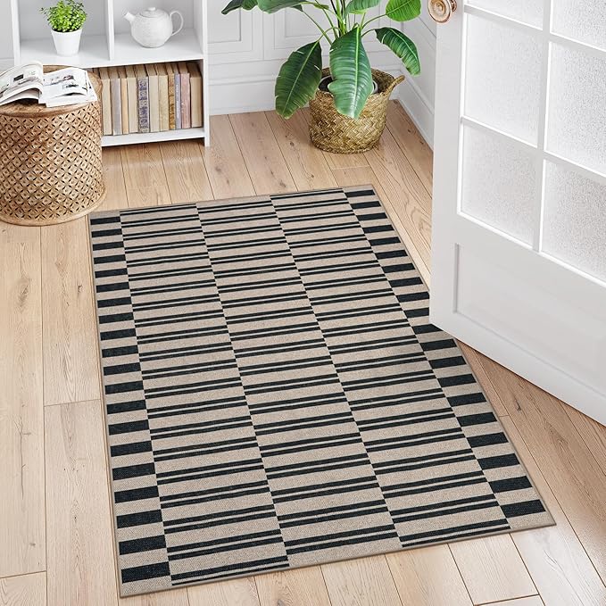 Lahome Striped Easy Jute Rug, 3x5 Outdoor Patio Porch Rug Washable Rugs for Entryway, Indoor Outdoor Living Room Carpets, Farmhouse Neutral Non Slip Black Carpet for Backyard Bedroom RV