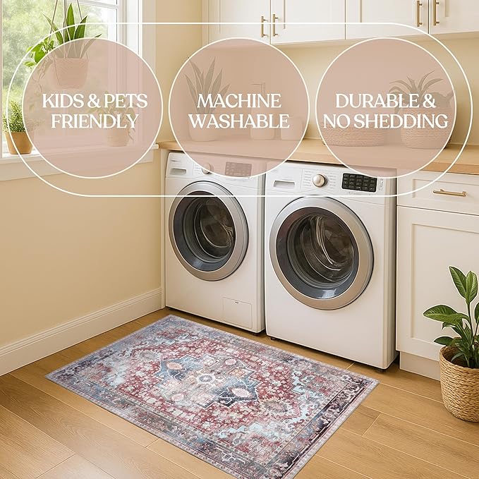 Washable Area Rug. Modern Farmhouse. Vintage. Turkish. Bohemian. Distressed. Oriental. Traditional. Rugs for Living Room. Dining. Bedroom. Office. Entryway. Foyer. (858RM, 2'5" x 6'5")