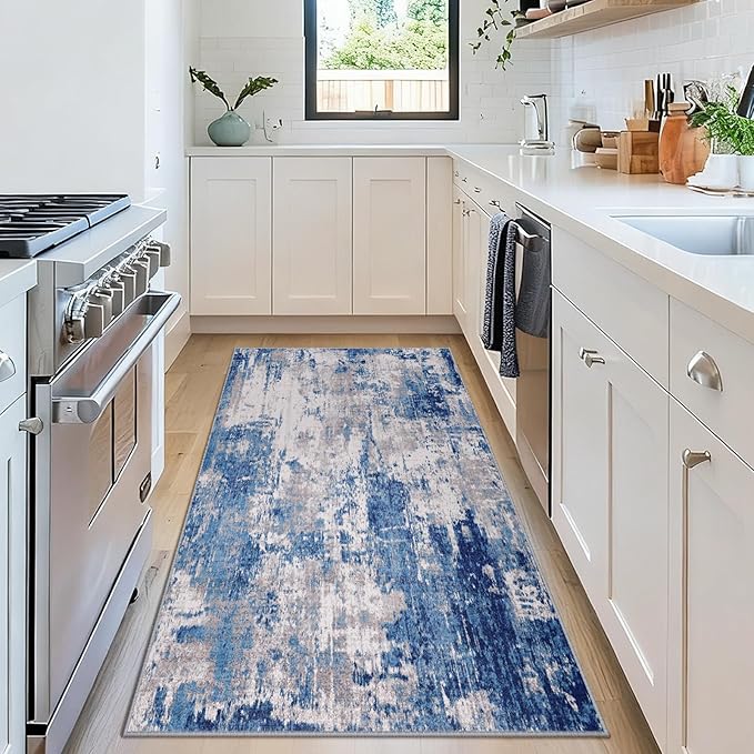 Washable Area Rugs 2'x4' Non-Slip Modern Abstract Soft for Living Room Entryway Bedroom Nursery, Print Pattern, Blue Grey Navy Gray
