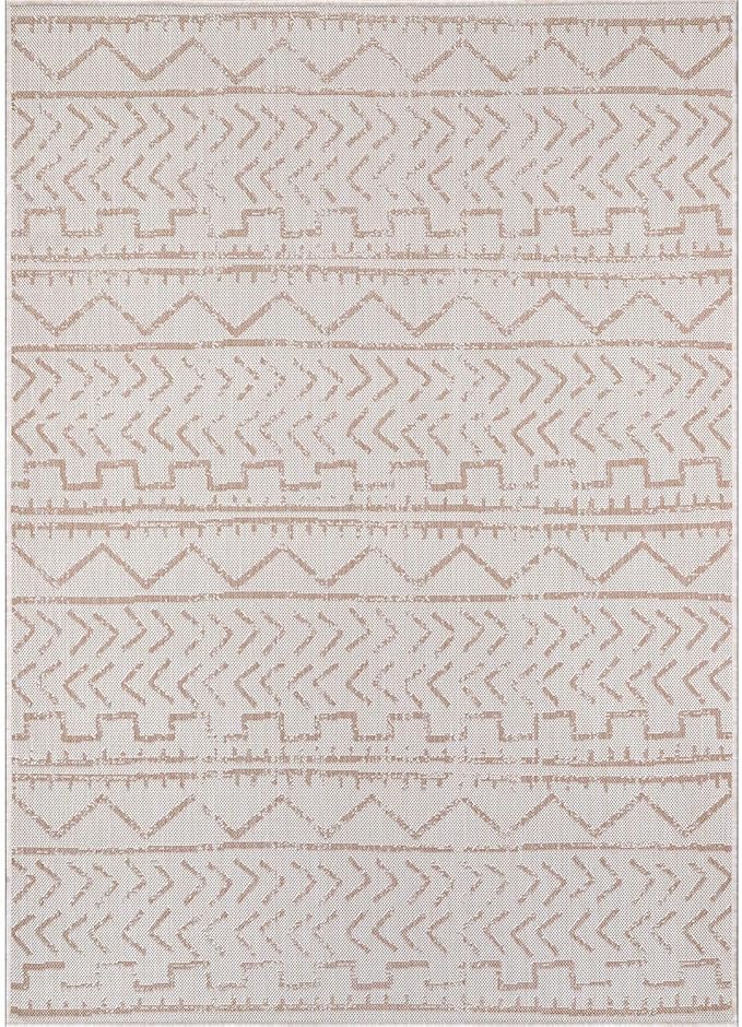 Beverly Rug Waikiki Indoor Outdoor Rug 5x7, Washable Outside Carpet for Patio, Deck, Porch, Trellis Area Rug, Water Resistant, Beige - White