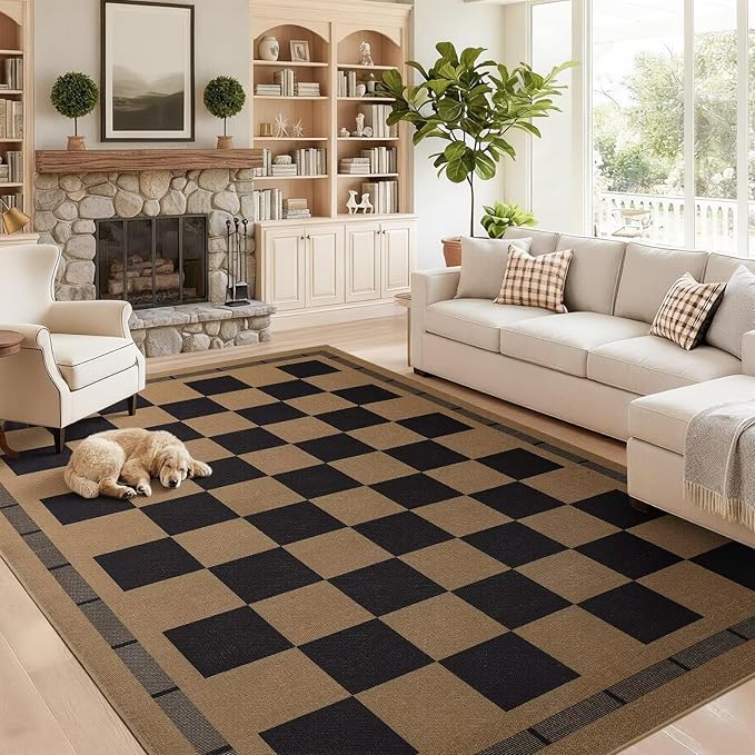 Checkered Jute Rugs, 6x9 Large Washable Outdoor Patio Rug, Living Room Bedroom Dining Room Indoor Carpet, Non Slip Modern Farmhouse Design Neutral Geometric Porch Classroom Mat, Black and Brown